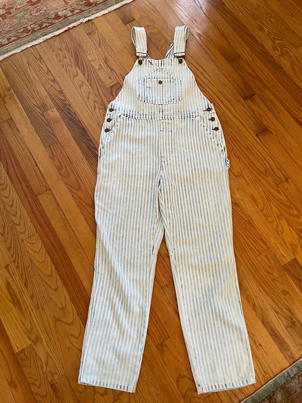 Faherty Blue and White Striped Denim Overalls